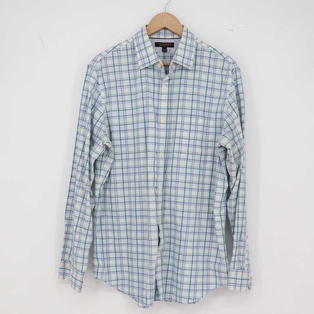 Banana Republic Shirt Mens L Non-Iron Classic Fit Blue Green Plaid Excellent